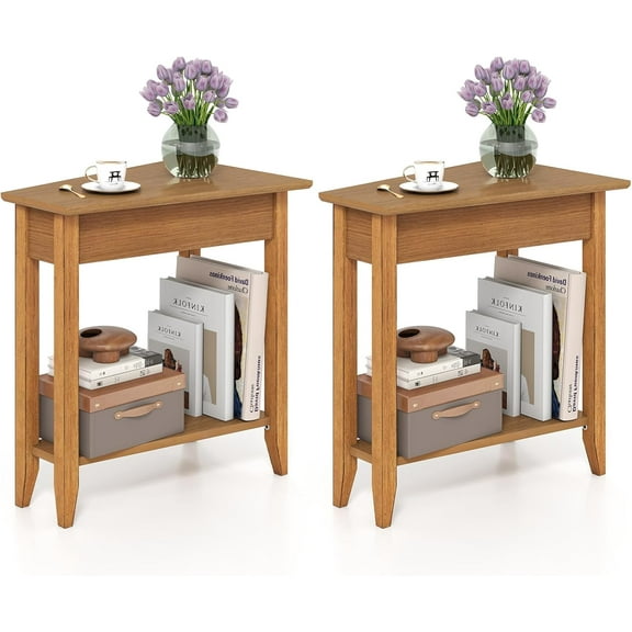 QRKD 2-Tier Wedge End Table Set of 2, Narrow Triangle Side Table with Storage Shelf, Solid Wood Legs, Nightstand, Recliner Wedge Table for Living Room, Bedroom, Small Space, Rustic Walnut