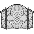 thumbnail image 1 of QRKD 3-Panel 55x33in Solid Wrought Iron See-Through Metal Fireplace Screen, Spark Guard Safety Protector w/Decorative Scroll - Black, 1 of 8