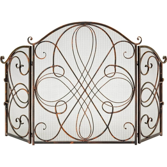QRKD 3-Panel 55x33in Solid Wrought Iron See-Through Metal Fireplace Screen, Spark Guard Safety Protector w/Decorative Scroll - Copper