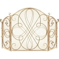 thumbnail image 1 of QRKD 3-Panel 55x33in Solid Wrought Iron See-Through Metal Fireplace Screen, Spark Guard Safety Protector w/Decorative Scroll - Gold, 1 of 8