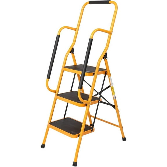 QRKD 3 Step Ladder with Handrails, 330lbs Folding Step Stool, w/Non-Slip Side Armrests Large Pedal Area, Suitable for Home Office
