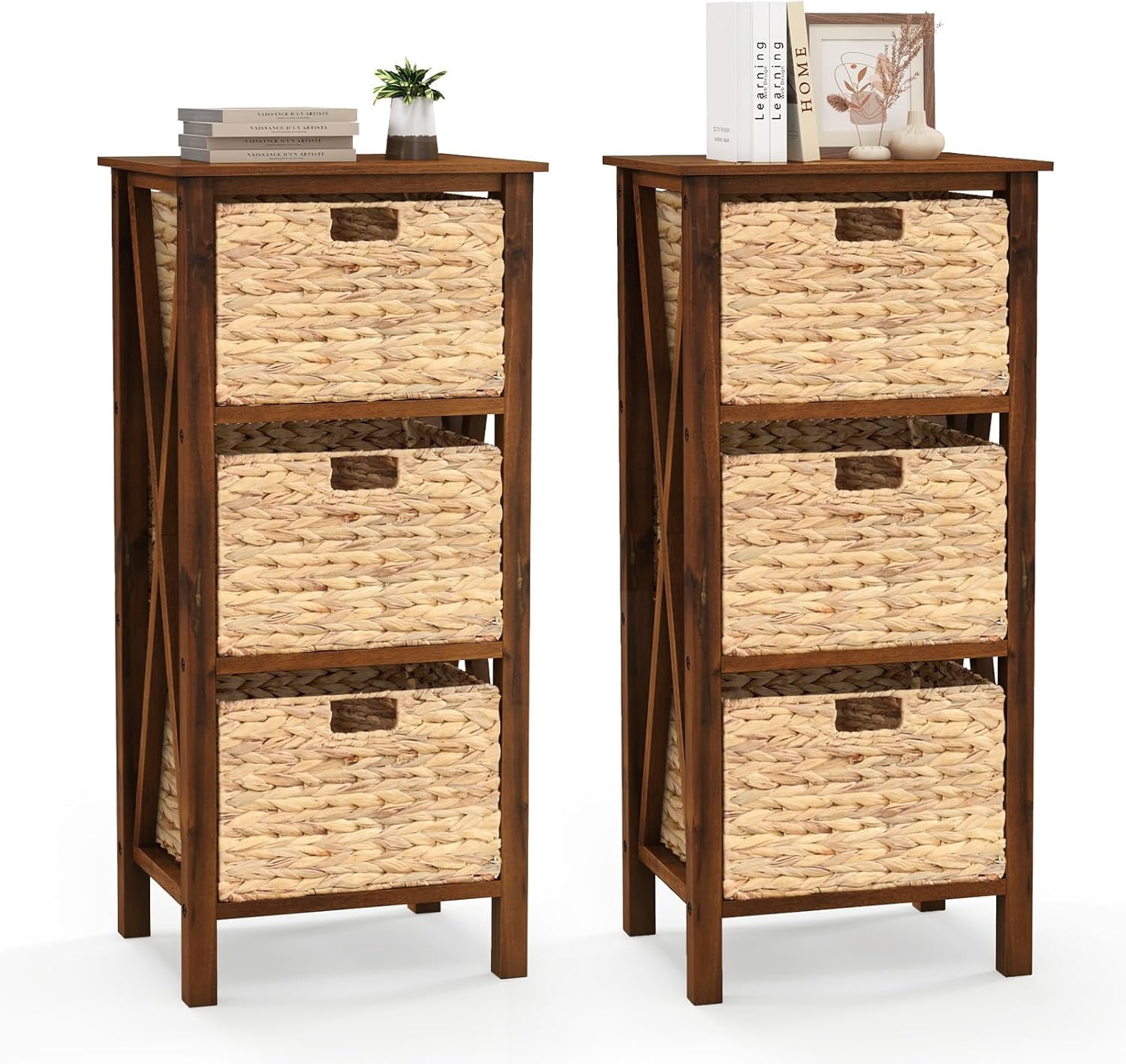 QRKD 3-Tier Nightstand with 3 Wicker Baskets Set of 2, Wooden X-Design ...