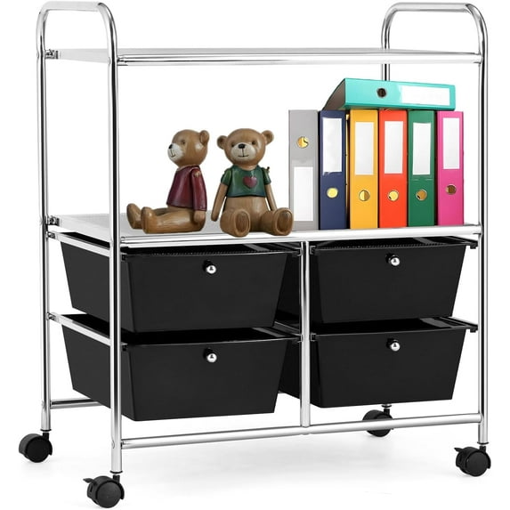 QRKD 3-Tier Rolling Storage Cart, Plastic Drawer Storage with 4 Detachable Drawers & Metal Frame, Art Craft Cart Organizer with Lockable Wheels, Utility Cart for Garage Storage (Black)