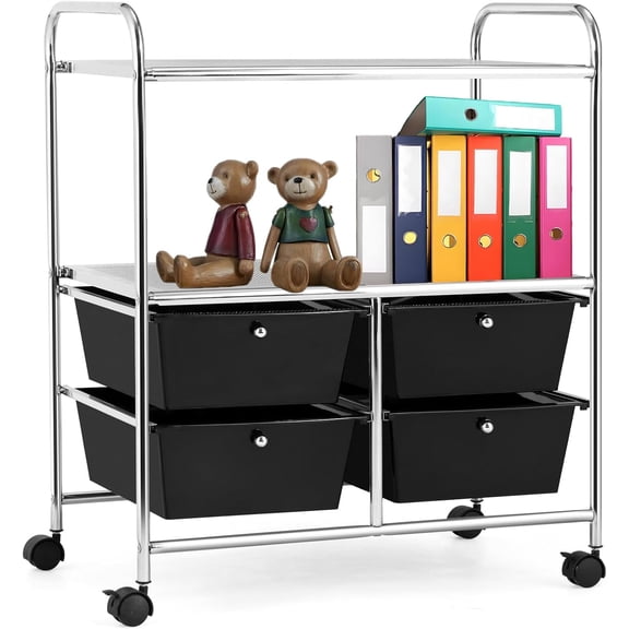 QRKD 3-Tier Rolling Storage Cart, Plastic Drawer Storage with 4 Detachable Drawers & Metal Frame, Art Craft Cart Organizer with Lockable Wheels, Utility Cart for Garage Storage (Black)