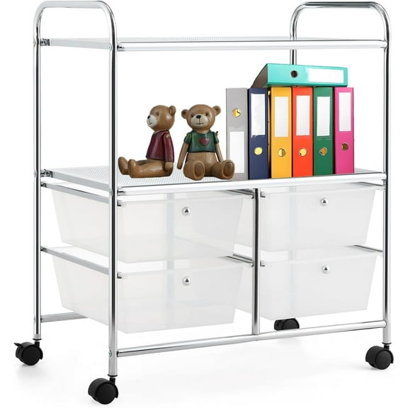 QRKD 3-Tier Rolling Storage Cart, Plastic Drawer Storage with 4 Detachable Drawers & Metal Frame, Art Craft Cart Organizer with Lockable Wheels, Utility Cart for Garage Storage (Clear)