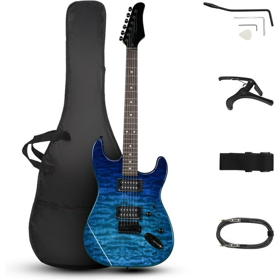QRKD 39 Inch Electric Guitar, Full Size Solid Body H-H Pickups 6 Strings Beginner Guitar Kit With Upgrade Cable & Guitar Capo, Tremolo Arm, Gig Bag & Strap (Ocean Blue)