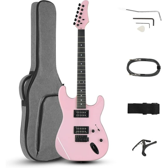 QRKD 39 Inch Electric Guitar, Full Size Solid Body H-H Pickups 6 Strings Beginner Guitar Kit With Upgrade Cable & Guitar Capo, Tremolo Arm, Gig Bag & Strap (Pink)