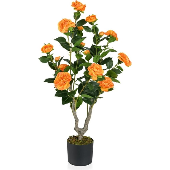 QRKD 3FT Artificial Camellia Tree, Faux Camellia Plant with Orange Flowers, Solid Wood Trunk, Realistic Moss, Greenery Potted Decoration Tree for Indoor Outdoor Home Porch Front Door,Orange