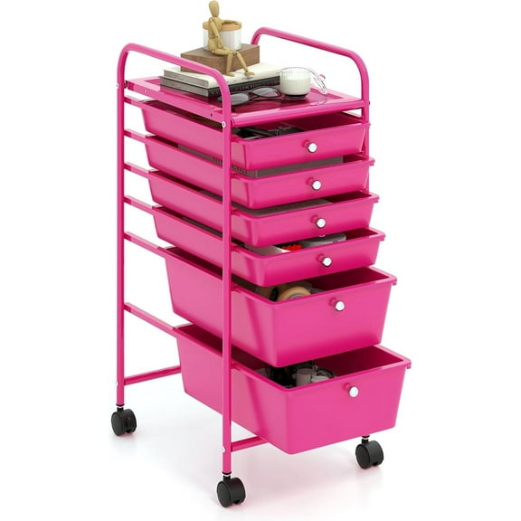 QRKD 6-Drawer Rolling Storage Cart, Multifunctional Art Craft Organizer, Mobile Utility Storage with Removable Drawers & Lockable Wheels, Craft Cart for Home Office, Hot Pink