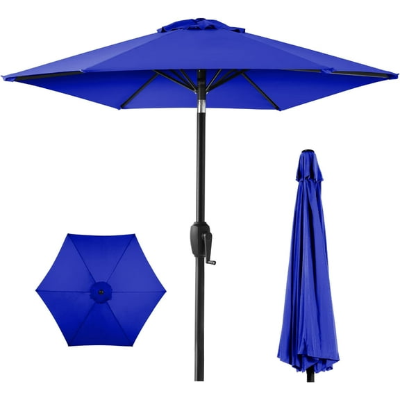 QRKD 7.5ft Heavy-Duty Round Outdoor Market Table Patio Umbrella w/Steel Pole, Push Button Tilt, Easy Crank Lift - Resort Blue