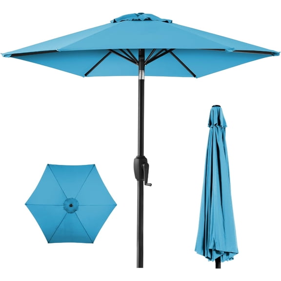 QRKD 7.5ft Heavy-Duty Round Outdoor Market Table Patio Umbrella w/Steel Pole, Push Button Tilt, Easy Crank Lift - Sky Blue