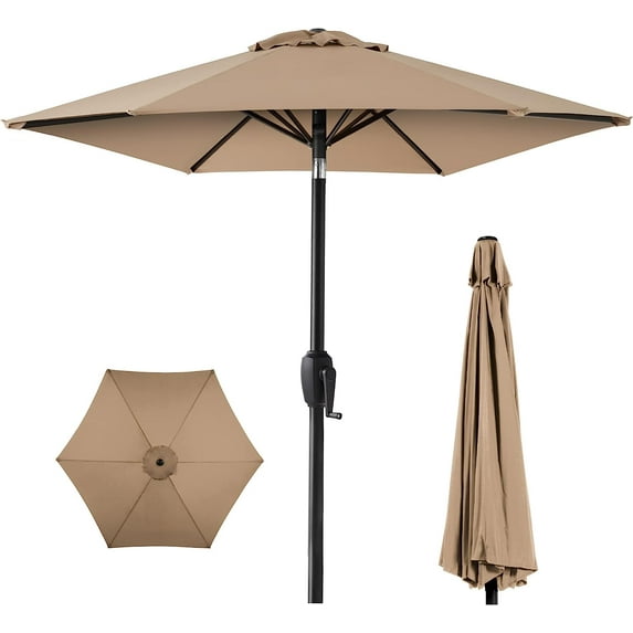 QRKD 7.5ft Heavy-Duty Round Outdoor Market Table Patio Umbrella w/Steel Pole, Push Button Tilt, Easy Crank Lift - Tan