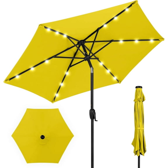 QRKD 7.5ft Outdoor Solar Market Table Patio Umbrella for Deck, Pool w/Tilt, Crank, LED Lights - Yellow