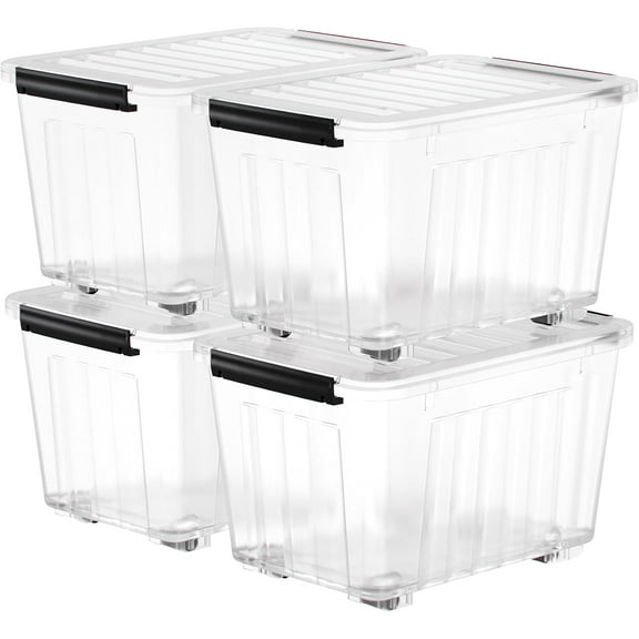 QRKD 72 Quart Plastic Storage Bin, Stackable and Nestable Storage Boxes with Clear Lids and Secure Latching Buckles, Large Storage Container (Clear, 72Quart-4Pack)