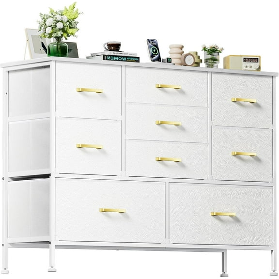 QRKD 9 White Drawer Dressers, Modern Large Dresser for Bedroom Organize, Long Dresser with 9 Fabric Drawers, Storage Chest of Drawers for Living Room Home Office 43.31" W