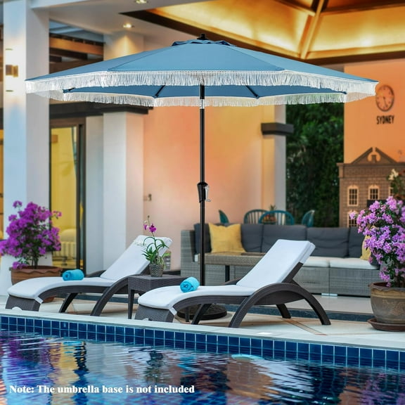 QRKD 9Ft Boho Patio Umbrella with Fringe, Tassels & Sun-Protective Canopy, Crank Handle, Push Button Tilt, 2-Tier Beach Umbrella with 8 Ribs for Deck, Pool, Table(Blue)