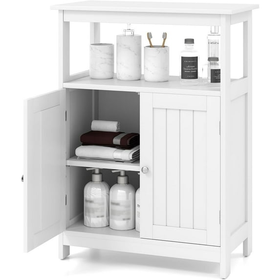 QRKD Bathroom Storage Cabinet, Freestanding Floor Organizer with 2 Doors & 1 Adjustable Shelf, Modern Home Bathroom Furniture for Living Room Entryway Kitchen (Cabinet, White)