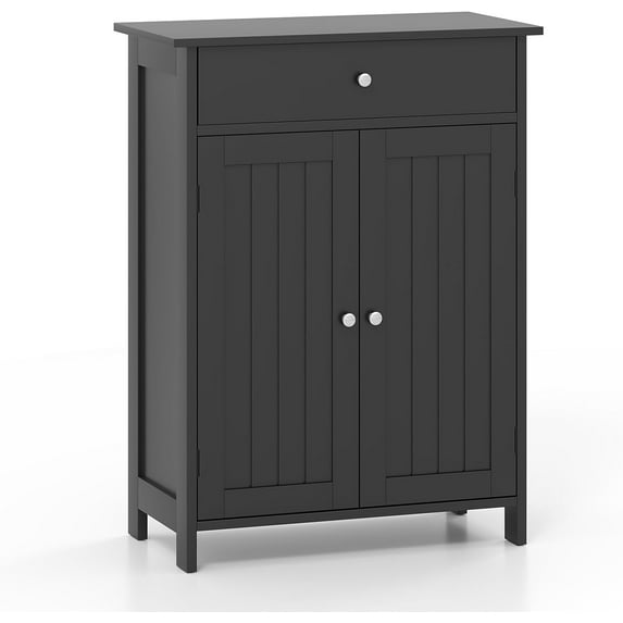 QRKD Bathroom Storage Cabinet, Freestanding Floor Organizer w/ 2 Doors, 1 Drawer & 1 Adjustable Shelf, Modern Home Bathroom Furniture for Living Room Entryway Kitchen (Cabinet & Drawer, Black)