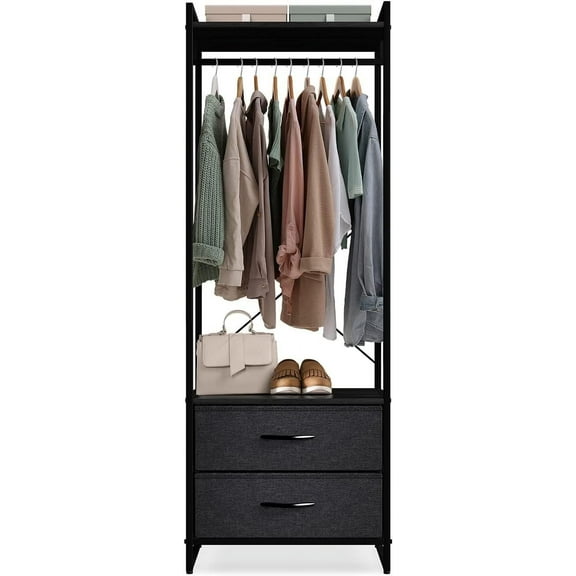 QRKD Clothing Rack with Drawers - Clothes Stand Dresser - Wood Top, Steel Frame, & Fabric Drawers - Tall Closet Storage Organizer - Garment Rack for Hanging Shirts, Dresses(Black)
