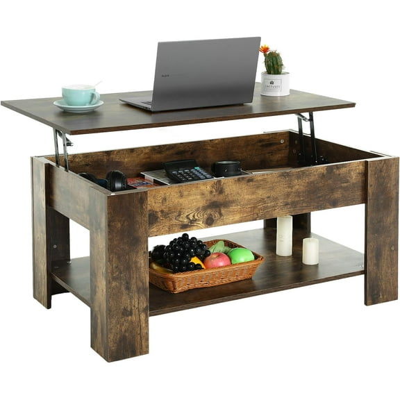 QRKD Coffee Table Lift Top Coffee Tables with Hidden Compartment and Storage Shelf Wooden Lift Tabletop Dining Table for Living Room Home (Brown, 39" D x 28" W x 24" H)