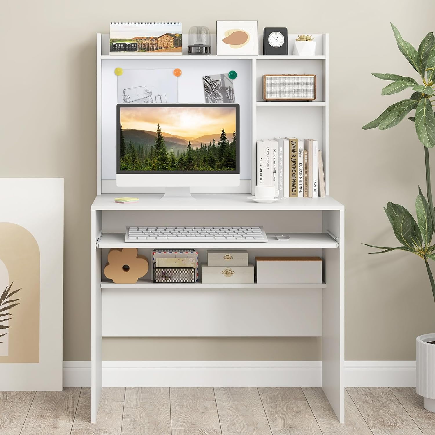 QRKD Computer Desk with Hutch, Space Saving Laptop Desk with Magnetic ...