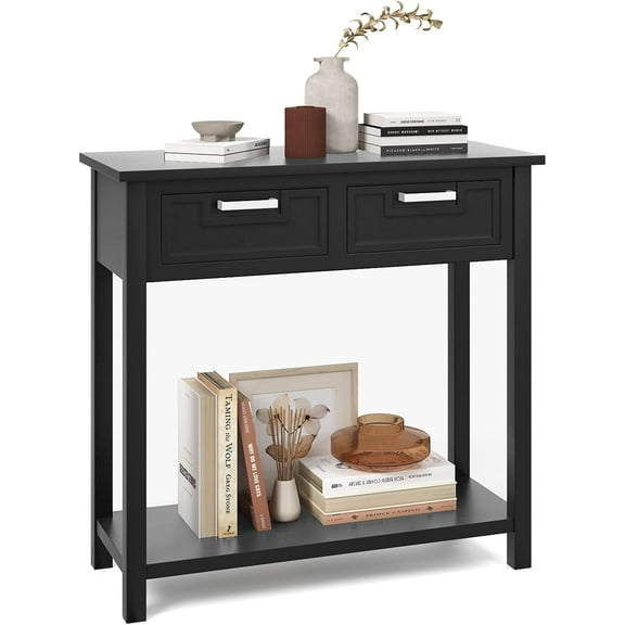 QRKD Console Table with Storage, Wooden Small Entryway Table with 2 Drawers, Open Storage Shelf, Rubber Wood Legs, Modern Entry Table, Narrow Sofa Table for Living Room, Hallway, Entrance (Black)