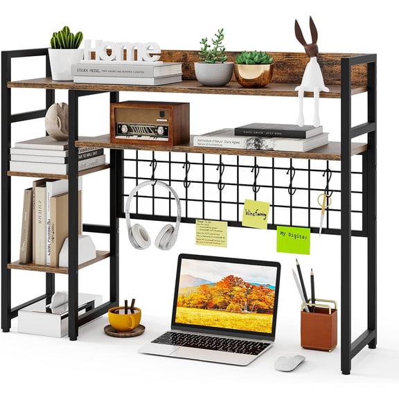 QRKD Desktop Bookshelf, 37 Inch Desk Shelf for Computer Monitor, 4-Tier Desk Hutch with Pegboard 6 Hooks Set, Industrial Countertop Storage Organizer Shelf for Home Office, Dorm (Rustic Brown)