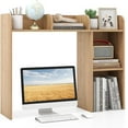 thumbnail image 1 of QRKD Desktop Shelf, Wood Desktop Bookshelf with 5 Shelves, Computer Table Display Rack for 27” Computer Monitor, Desk Organizer Shelf, Desk Hutch Dorm for Top of Desk, Home, Office, Natural, 1 of 10