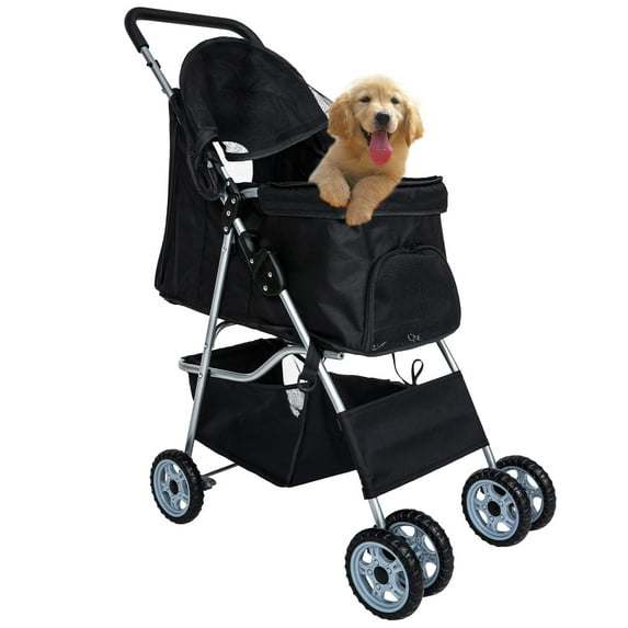 QRKD Dog Stroller, pet Stroller 4 Wheels Carrier Strolling Cart Waterproof Travel Folding Cart for Puppy Small-Medium Dog, Cat with Cup Holder, Locking Wheel ,Black