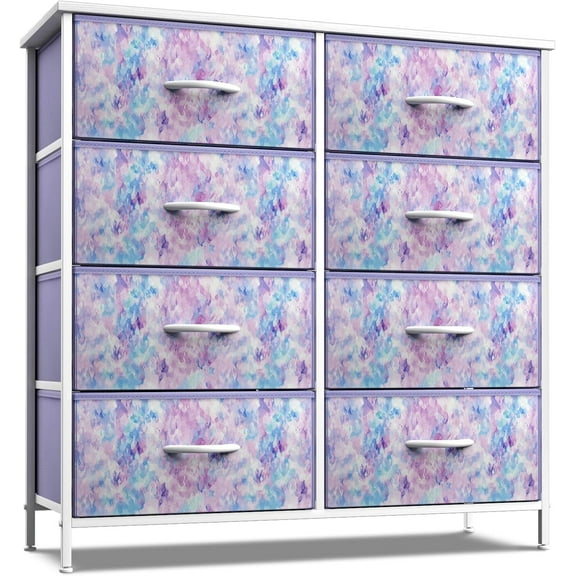 QRKD Dresser with 8 Drawers - Furniture Storage Chest Tower Unit for Bedroom, Hallway, Closet, Office Organization Steel Frame, Wood Top, Easy Pull Fabric Bins (8-Drawer, Tie-dye Blue/Pink/Purple)