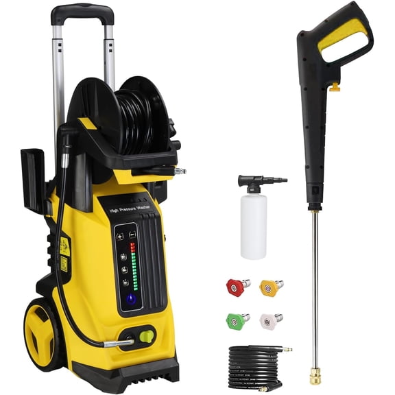 QRKD Electric Pressure Washer 3800PSI, Max 2.8 GPM Power Washer Machine with Hose Reel, 4 Quick-Connect Nozzles, Spray Gun, Foam Spray for Car, Patio, Garden, Driveways Cleaning(Yellow)