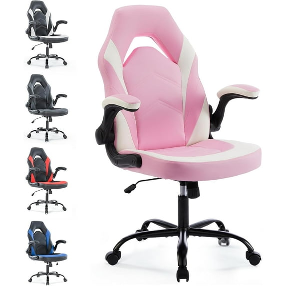 QRKD Ergonomic Gaming Chair with Adjustable PU Leather Seat, Flip-Up Armrests, and Swivel Design, Perfect for Home Office, Gaming, or Entertainment – Ideal for Adults, Kids, and Gamers, Pink/White
