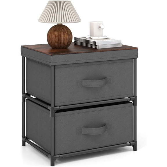 QRKD Fabric Dresser with 2 Drawers, Nightstand for Bedroom, Bedside Table with Removable Fabric Bins & Handles, Sofa Side Table, End Table for Living Room, Entryway, Grey & Rustic Brown