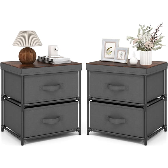 QRKD Fabric Dresser Set of 2 with 2 Drawers, Nightstand for Bedroom, Bedside Table with Removable Fabric Bins & Handles, Sofa Side Table, End Table for Living Room, Entryway, Grey & Rustic Brown