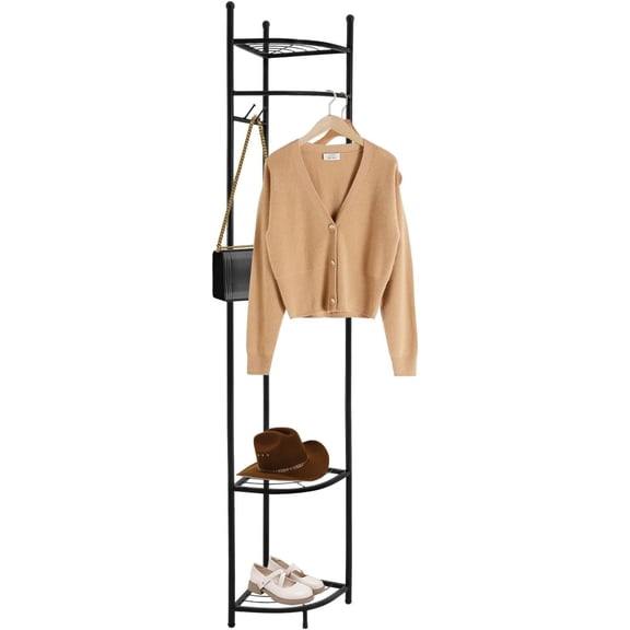 QRKD Fan Shaped Coat Rack with 4 Hooks, Corner Clothing Rack for Store Clothe, Freestanding Garment Rack, Open Structure Garment Shelf for Corridors, Entrances, Bedrooms, Living Room (Black)