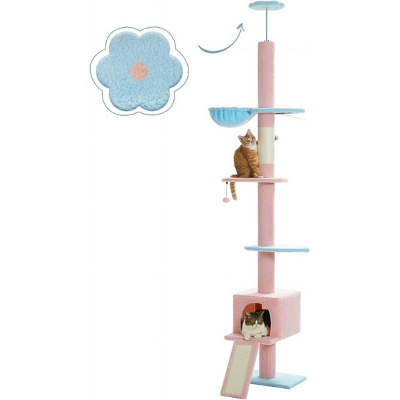 QRKD Floor to Ceiling Cat Tree, Cat Tower 5 Tiers Tall (83-108 Inches) Adjustable Height, Cats Climbing Tree Featuring with Condo, Cat Scratching Post and Perches for Indoor Cats, Flower Blue
