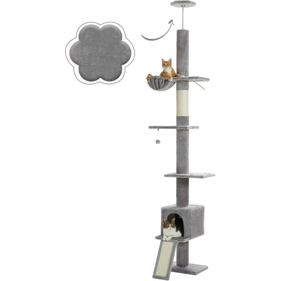 QRKD Floor to Ceiling Cat Tree, Cat Tower 5 Tiers Tall (83-108 Inches) Adjustable Height, Cats Climbing Tree Featuring with Condo, Scratching Post and Big Perches for Indoor Cats, Flower Grey