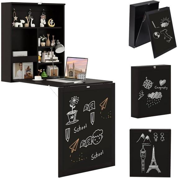 QRKD Foldable Wall-Mounted Desk, Floating Desk with Chalkboard, Storage Shelves & Hooks, Space-Saving Murphy Table for Home Office, Bedroom, Dorm Room, Small Spaces(Espresso)