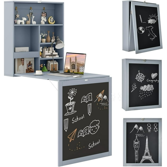 QRKD Foldable Wall-Mounted Desk, Floating Desk with Chalkboard, Storage Shelves & Hooks, Space-Saving Murphy Table for Home Office, Bedroom, Dorm Room, Small Spaces(Grey)