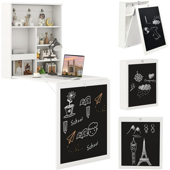 QRKD Foldable Wall-Mounted Desk, Floating Desk with Chalkboard, Storage Shelves & Hooks, Space-Saving Murphy Table for Home Office, Bedroom, Dorm Room, Small Spaces(White)