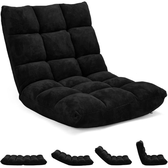 QRKD Folding Floor Chair w/Back Support, 14-Position Adjustable Lazy Sofa Chair w/Coral Velvet Fabric & Alloy Steel Frame, Portable Meditation Chair for Reading, Gaming,Sleeping (Black)
