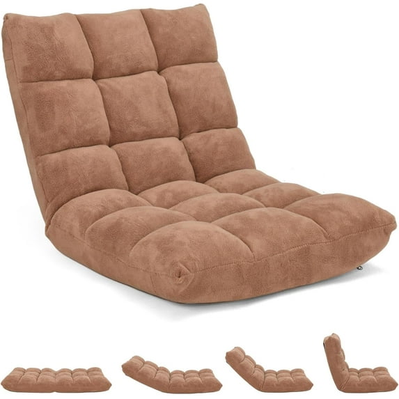 QRKD Folding Floor Chair w/Back Support, 14-Position Adjustable Lazy Sofa Chair w/Coral Velvet Fabric & Alloy Steel Frame, Portable Meditation Chair for Reading, Gaming,Sleeping (Beige)