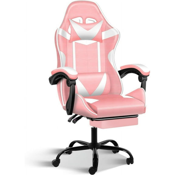 QRKD Gaming Chair, Backrest and Seat Height Adjustable Swivel Recliner Racing Office Computer Ergonomic Video Game Chair with Footrest and Lumbar Support, Pink/White