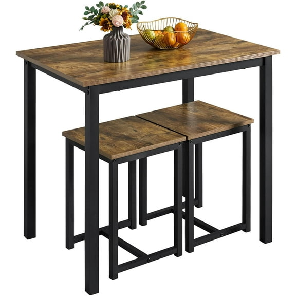 QRKD Industrial Dining Kitchen Table Set for 2 Breakfast Nook Table w/ 2 Stools for Dining Room Kitchen Small Space, Rustic Brown
