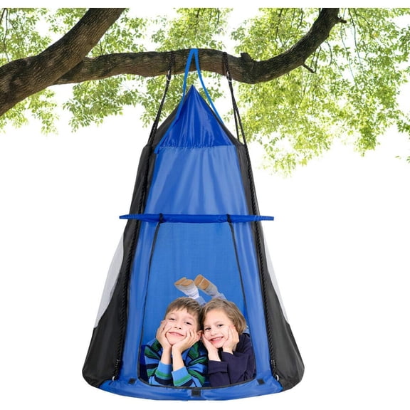 QRKD Kids Hanging Chair Swing Tent Set, Hammock Nest Pod Hanging Swing Seat for Boys/Girls, Children Swing Play House with Detachable Play Tent, Max Capacity 330 LBS, 40", Blue