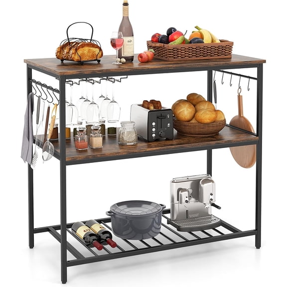 QRKD Kitchen Island with 3 Shelves, Industrial Kitchen Counter with Wine Glass Holders & 10 Hooks, 3 Tier Shelf with Heavy Duty Metal Frame for Dining Room, Rustic Brown + Black