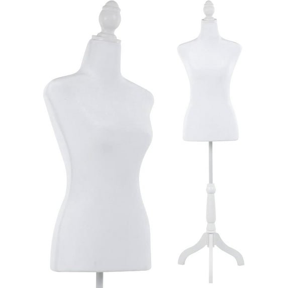 QRKD Mannequin Body Dress Form Torso Female Manikin 49.6-63.4 Inch Height Adjustable Wooden Tripod Stand High Density Foam Portable Display Mannequin (White, 49.6-63.4 Inches)