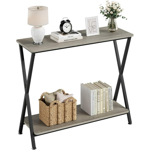 QRKD Narrow Console Table, Sofa Tables Narrow Long Behind Couch Table, 2-Tier Industrial Entryway Table for Living Room, Hallway, Foyer (Grey)
