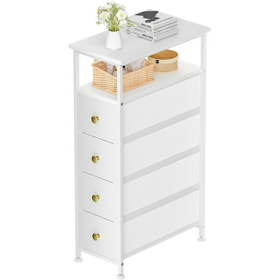 QRKD Narrow Dresser for Bedroom, Slim Dresser Storage Tower, Chest of 4 Fabric Drawers with Wood Shelf, Bathroom Organizers and Storage for Small Spaces, Laundry, Closet, White