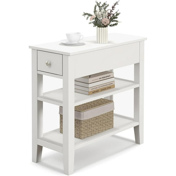 QRKD Narrow Side Table, Modern Nightstand with Drawers & Shelves, Small Bedside Tables for Small Spaces, 3 Tier End Tables for Living Room, Bedroom, Dorm (White)